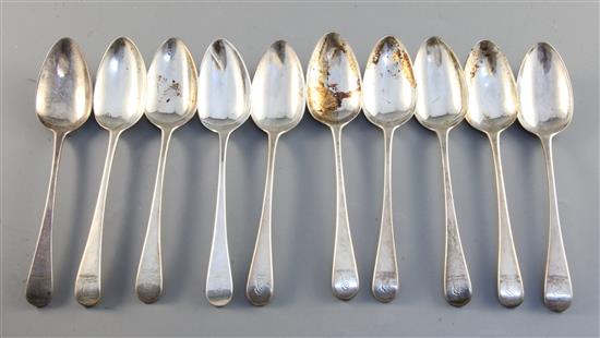 A set of ten George III silver Old English pattern dessert spoons, engraved with the Crewe crest, 11.1oz